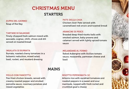 Christmas Menu AL FRESCO Italian Restaurant Aberdeen 2025